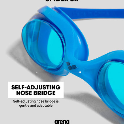 Gafas de natación ARENA unisex juveniles Spider Junior para niñas y niños de 6 a 12 años, lentes sin empañamiento ni espejo, correa fácil de ajustar, sin fugas, azul/gris/azul