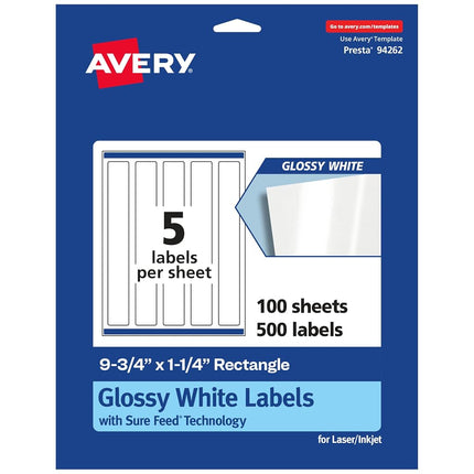 Avery Glossy White Rectangle Labels with Sure Feed, 9.75" x 1.25", 500 Glossy White Labels, Print-to-The-Edge, Permanent Label Adhesive, Laser/Inkjet Printable Labels