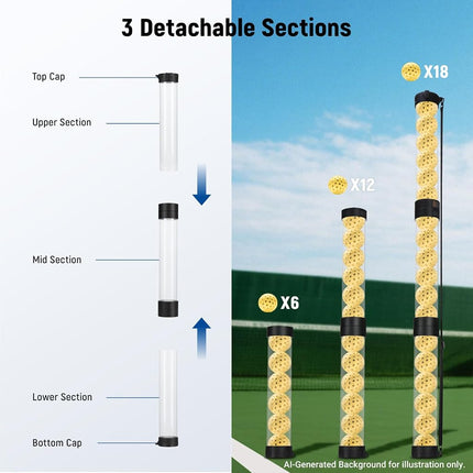 NEEWER Ball Retriever Tube Hopper for 18 Pickleballs & 21 Tennis Balls, Detachable 3 Section Ball Picker Upper Collector with Stopper, Adjustable Shoulder Strap for No Bending Pickup, PB01S