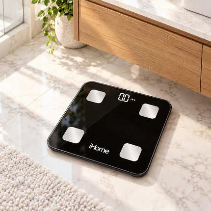 iHome Digital Bluetooth Smart Scale for Body Weight, Weight Scale with 14 Indicators, Including BMI, Body Fat, Muscle Mass, Batteries Included (Black Smart Bluetooth)