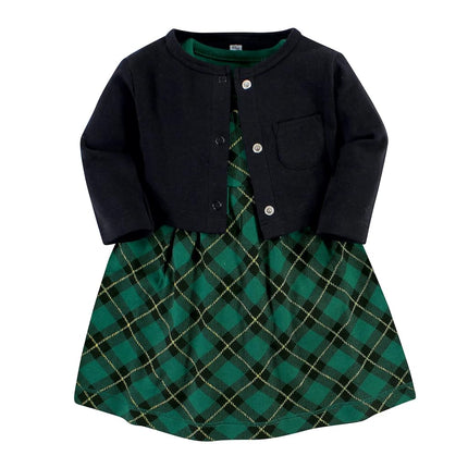 Hudson Baby Conjunto de Vestido y Cárdigan de Algodón para Bebés Niñas, Cuadros Verde Bosque, 5T