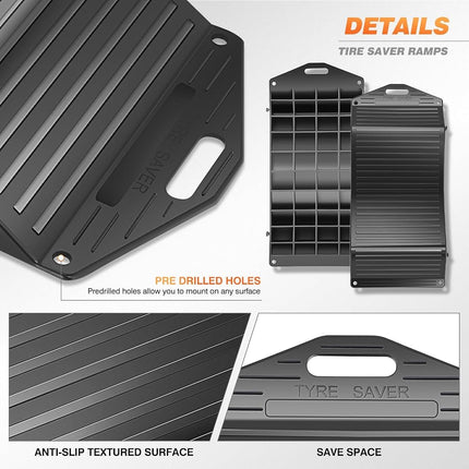 DNA Motoring Premium Tire Saver Ramps - Anti-Slip Hard Plastic Design for Flat Spot and Flat Tire Prevention, Easy-to-Carry Tire Savers Ramps, Set of 4, Black, Tools- 00706