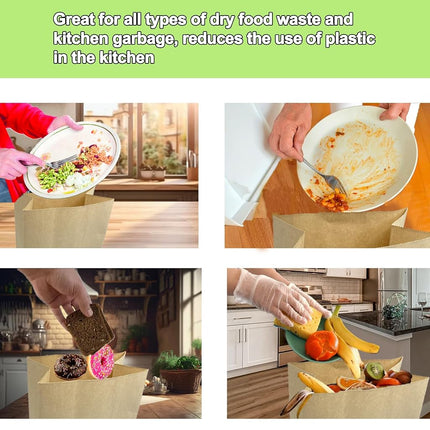 KAIHENG Kitchen Food Waste Bags, 100PCS Compostable Paper Garbage Bag, Recycling Paper Trash Bag for Dry Rubbish, Plastic Free