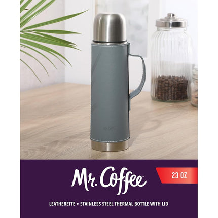 Mr. Coffee Leatherette 23 oz Stainless Steel Thermal Bottle � Double Wall Insulated Flask with Faux Leather Sleeve & Carry Handle, Blue � Leak-Proof Hot & Cold Drink Travel Mug