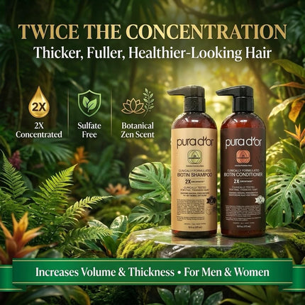 PURA D'OR Professional Grade Clinically Formulated Biotin Shampoo & Conditioner For Hair Thinning - 2X Concentrated DHT Blocker Thickening Products For Women & Men, Sulfate Free, 16oz x2