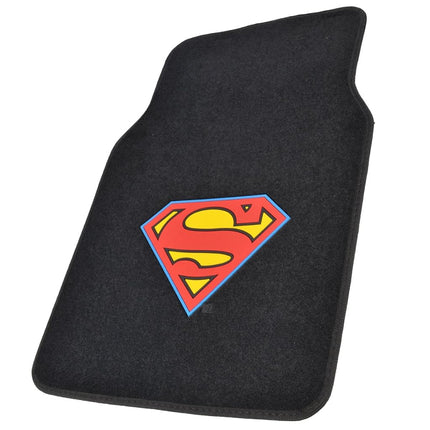 BDK Warner Brothers DC Comics Superman Car Accessories Floor Mats - Universal Fit Front 26 x 16.5 in & Rear 14 x 16.5 in, Full Set Black Car Mats with Non-Slip Grip