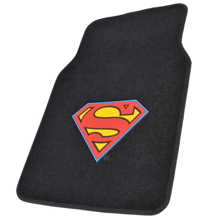 BDK Warner Brothers DC Comics Superman Car Accessories Floor Mats - Universal Fit Front 26 x 16.5 in & Rear 14 x 16.5 in, Full Set Black Car Mats with Non-Slip Grip