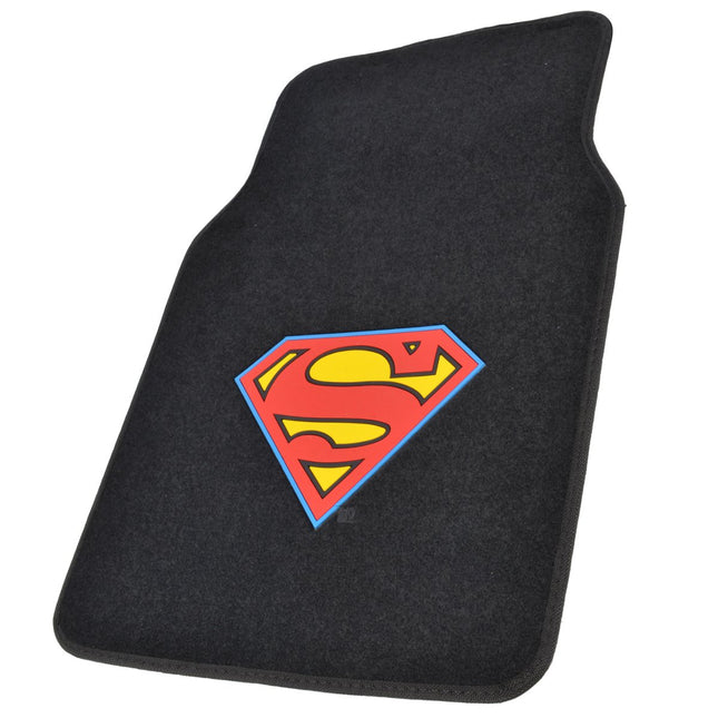 BDK Warner Brothers DC Comics Superman Car Accessories Floor Mats - Universal Fit Front 26 x 16.5 in & Rear 14 x 16.5 in, Full Set Black Car Mats with Non-Slip Grip