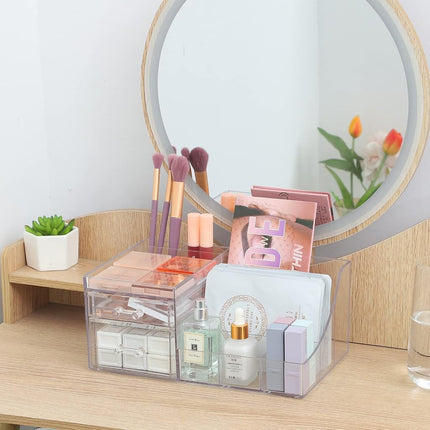 Cq acrylic Clear Makeup Organizer With 2 Drawers,Cosmetic Storage Display Case for Vanity, Bathroom Counter or Dresser,Countertop Holder for Lipstick, Brushes, Lotions, Eyeshadow, Nail Polish and Jewelry