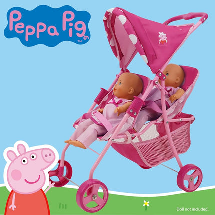 Peppa Pig: Doll Twin Stroller - Pink & White Dots - Fits Dolls Up to 24", Retractable Canopy, Easy to Fold for Storage & Travel, for Dolls Plushes & Stuffed Animals, Pretend Play for Kids Ages 3+