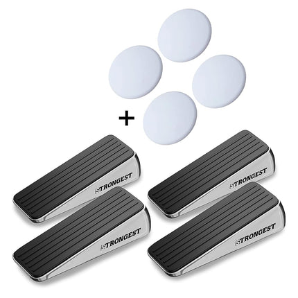 Strongest Home Door Stopper, Set of 4 Heavy Duty Door Stop Wedge Made of Premium Quality Zinc and Rubber Suits Any Door, Any Floor. Plus 2 Self Adhesive Wall Protectors (Black Silver)