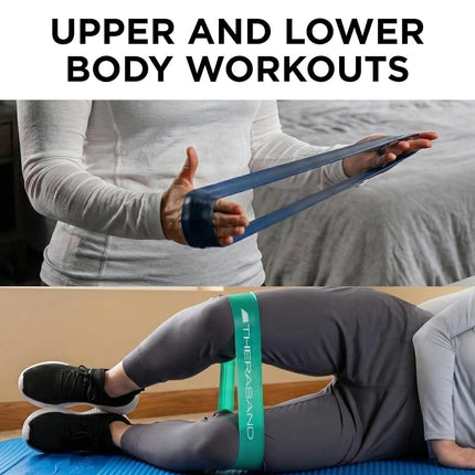 Lot de 4 bandes de résistance TheraBand, Kit de 4 boucles de 30 cm pour les entraînements des jambes et des fessiers, Niveaux débutant à avancé pour l'exercice, la rééducation, la physiothérapie, les étirements, la musculation
