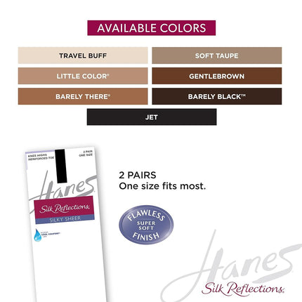 Hanes Silk Reflections Women's Knee High Reinforce Toe 2 Pack, Barely Black, One size