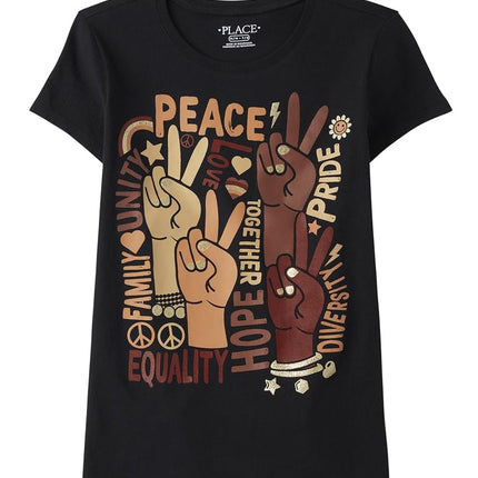 The Children's Place Girls' Short Sleeve Graphic T-Shirt, Peace Hands, X-Small