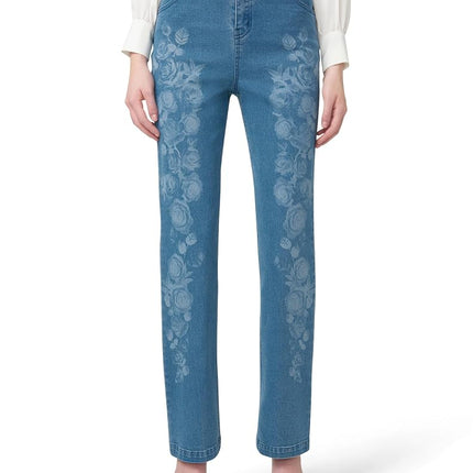 HUE Women's Ultra Soft High Waist Denim Baby Bootcut Leggings, Floral Medium Wash, Large