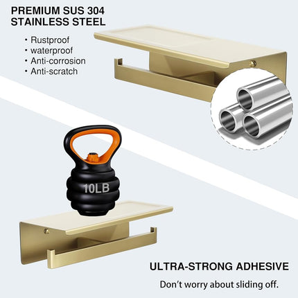 Alise GYT5002-G Double Toilet Paper Holder Bathroom Tissue Roll Holder with Shelf,Two Installation of 3M Self-Adhesive and Wall Drill,SUS304 Stainless Steel Golden Finish
