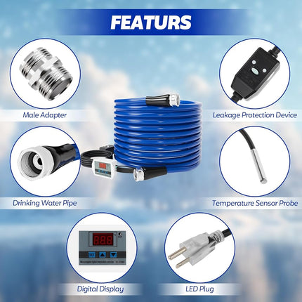 Manguera de agua calefactada para RV de 15 pies con accesorios, manguera de agua calefactada con termostato de ahorro de energía, manguera de jardín calefactada anticongelante de -45 ℉ y protector de fugas, accesorios de invierno para RV