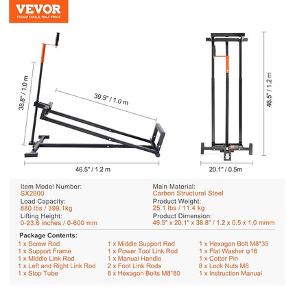 VEVOR Ride on Lawn Mower Lift Jack, 880 Lbs Weight Capacity, Telescopic Maintenance Jack with Crank Handle & Power Tool Handle, Foldable Lawn Tractor Lifter for Lawn Mowers and Garden Tractors, Black