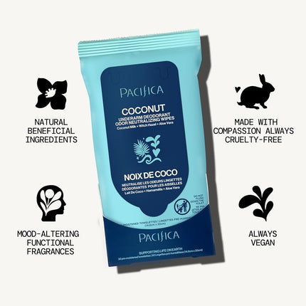PACIFICA Lingettes déodorantes pour aisselles - Lait de coco et huile essentielle pour femme, 30 lingettes, BLANC, (Lot de 1)