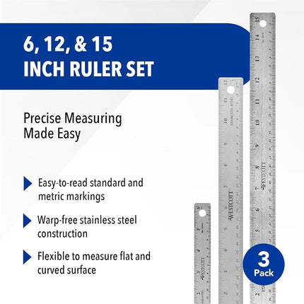 Westcott Stainless Steel Ruler Set with Flexible Design, Non-Slip Cork Base, for Crafting, Office, Classroom, Back to School Supplies, Includes 6-, 12-, & 15-inch Rulers, 3 Pack