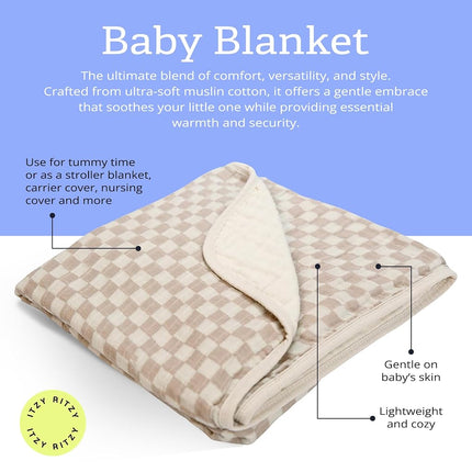 Itzy Ritzy Baby Blanket � Soft Cotton Muslin Multi-Use Blanket - Can Be Used as a Tummy Time Mat, Nursing Cover, Stroller Shade & More � Measures 30" x 40", Machine Washable (Checkerboard)