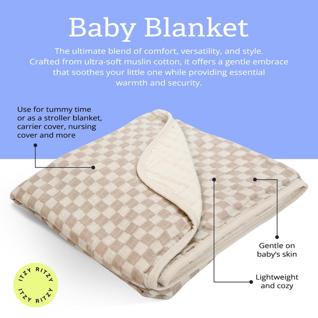 Itzy Ritzy Baby Blanket � Soft Cotton Muslin Multi-Use Blanket - Can Be Used as a Tummy Time Mat, Nursing Cover, Stroller Shade & More � Measures 30" x 40", Machine Washable (Checkerboard)