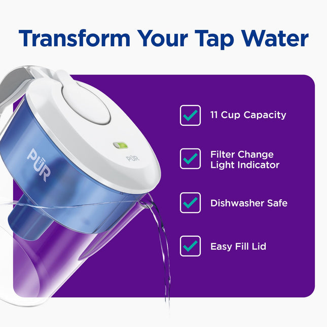 Jarra de agua PUR de 11 tazas, 1 filtro PUR original, agua más limpia y de excelente sabor, apta para lavavajillas, filtración potente, indicador luminoso de cambio de filtro, diseño de tapa LockFit - Blanco