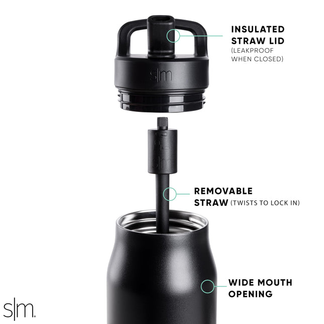 Botella de agua Simple Modern con tapa de popote de botón pulsador | Acero inoxidable aislado con revestimiento cerámico | Botella de viaje a prueba de fugas para gimnasio y deportes | 34 oz | Blanco invierno
