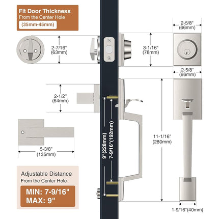 Brightify Satin Nickel Front Door Handle, Satin Nickel Door Handle with Door Lever, Modern Front Door Handle Set, Adjustable Deadbolt Lock Set with Single Cylinder, Reversible for Right&Left
