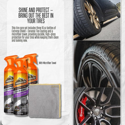 3x Tire Coating by Extreme Shield + Ceramic Aerosol 16 oz Bundle with Microfiber Cloth – Tire-Protectant Spray – Long-Lasting Tire Shine Spray – Repels Dirt & Grime – Gift Set (4 Items)