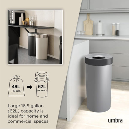 Umbra Vento 16.5-Gallon Open Top Kitchen Trash Can – Large, 30-inch Tall Garbage Can for Indoor, or Commercial Use, Grey/Steel