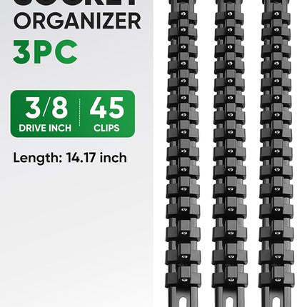 ALOANES 3pc ABS Socket Organizer, 3/8 Inch, Heavy Duty Socket Racks With Black Rails and Clips