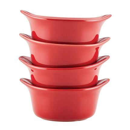 Rachael Ray Solid Glaze Ceramics Round Ramekins/Dipping Cup Set, 4 Piece, Red