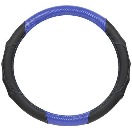 BDK GripDrive Blue Carbon Fiber Steering Wheel Cover, Standard 15 inch Size, Black Faux Leather Comfort Grip, Car Steering Wheel Cover for Auto Truck Van SUV