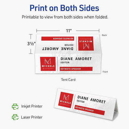 Avery Printable Rectangle Tent Cards, 3.5" x 11", Glossy White Cardstock, Laser/Inkjet, 50 Total, Great for Table Talkers, Promotional Signs, Instructional Signs, and More