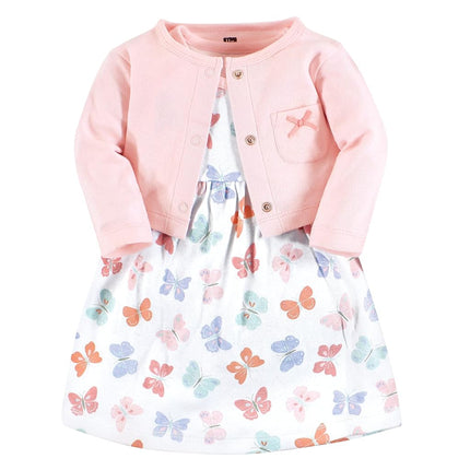 Hudson Baby Baby Girls' Cotton Dress and Cardigan Set, Pastel Butterfly, 3T