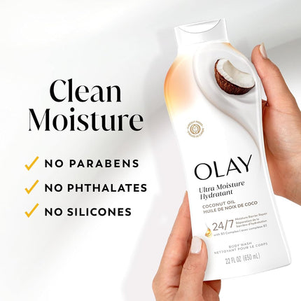 Jabón Corporal Olay Ultra Humectación Coconut Oasis, para una Piel Suave y de Aspecto Saludable, Sin Parabenos, 2.6 L en Total (4 unidades de 650 ml cada una)