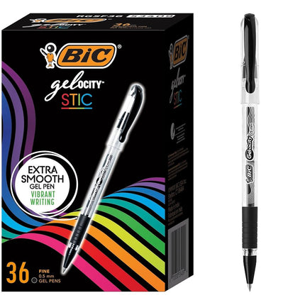 BIC Gel-ocity Smooth Stic Gel Pen, Fine Point (0.5mm) - Box of 36 Black Gel Stick Pens, RGSF36-BLK