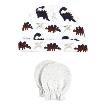Hudson Baby unisex-baby Cotton Cap and Scratch Mitten Set, Burgundy Dino, 0-6 Months
