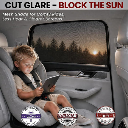 XL/Car Side Window Shades for SUV. 8 Sizes/2 Pack. Stretch-to-Fit Mesh for Rear Windows Up to H:20" x W:46". Sun, Heat & Bugs Protection, Blocks 96% UVA. Camping Windows Screens | Qualizzi®