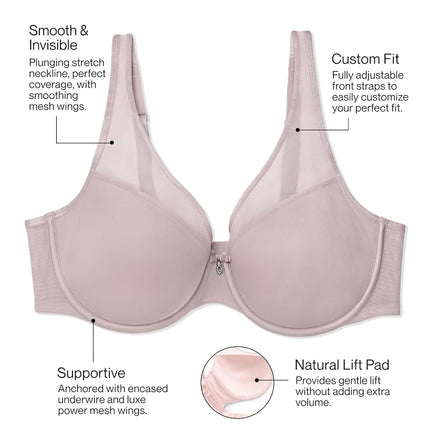 Curvy Couture Women's Plus Size Sheer Mesh Plunge T-Shirt Bra, Retro Roses, 40H US
