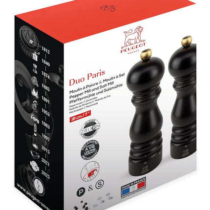 Peugeot - Paris u'Select 18 cm Pepper and Salt Mill Set - 6 Predefined Grind Settings - Powdered Salt Innovation, Zirlion Mechanism - PEFC-Certified Wood - Made in France - Chocolate Finish
