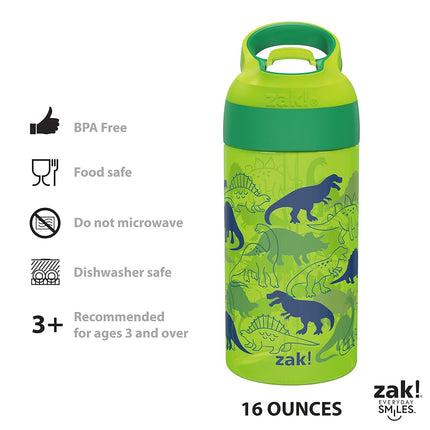 Zak Designs Kids Water Bottle with Spout Cover and Built-in Carrying Loop, Made of Durable Plastic, Leak-Proof Water Bottle Design for Travel (16 oz, Unicorn & Dino Camo, Pack of 2)