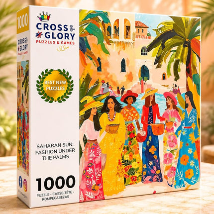 Saharan Sun: Fashion Under The Palms by Cross & Glory - 1000 Piece Moroccan Desert Jigsaw Puzzle, Eco-Friendly, Vibrant Colors, Ideal for Adult Puzzle Enthusiasts