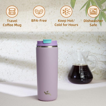 Konokyo Tumbler with Lid, 16 oz Travel Coffee Mug Double Wall Vacuum Stainless Steel Thermal Metal Cup Insulated Water Bottle,Lavender