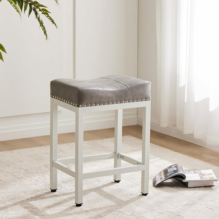 DUMOS Bar Stools Set of 2, 24 inch Counter Height Saddle Stools, Upholstered Modern Kitchen Barstools with Metal Base, PU Leather for Kitchen Island, Classic Gray