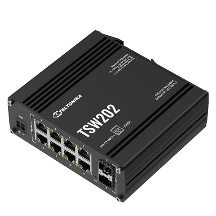 Teltonika TSW202 Managed PoE+ switch, 8 x Gigabit Ethernet, 2 x SFP, Profinet certified, integrated DIN rail bracket, durable design