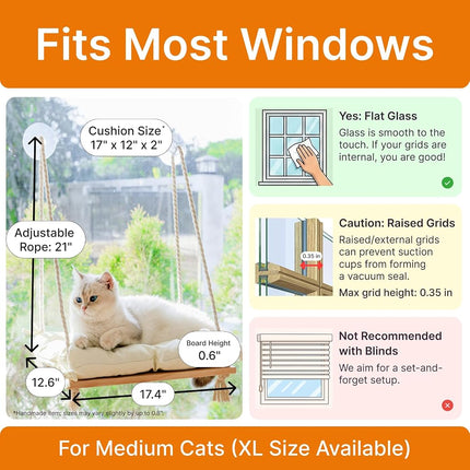 Cat Window Perch with Industrial-Grade Suction Cups - Solid Pine Wood Hammock Bed, Soft Cushion - 42 lb Capacity for Cats Inside