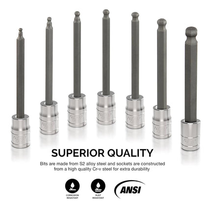 NEIKO 10243A 3/8-Inch-Drive Extra-Long Ball-End Hex-Bit Socket Set, Metric Sockets 3/8" or 3 to 10 mm, S2 Steel, 7-Piece Set