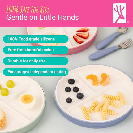 Elk and Friends Kids 7.8” Porcelain White Divided Plates with Silicone Sleeves | Suitable for Babies/Toddlers | Microwave & Dishwasher Safe | Non Slip Dinnerware | Snack Dishes | 4 Pack
